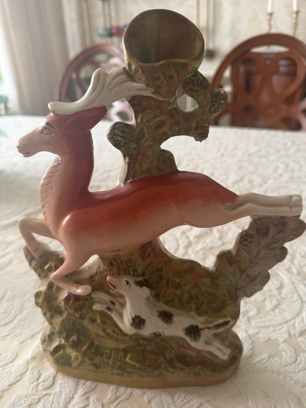 Antique Victorian  H2916 Staffordshire Stag Spill Vase chase by Dog c.1850-1880